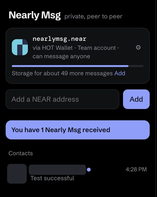 The nearlymsg.near inbox showing: You have 1 Nearly Msg received.