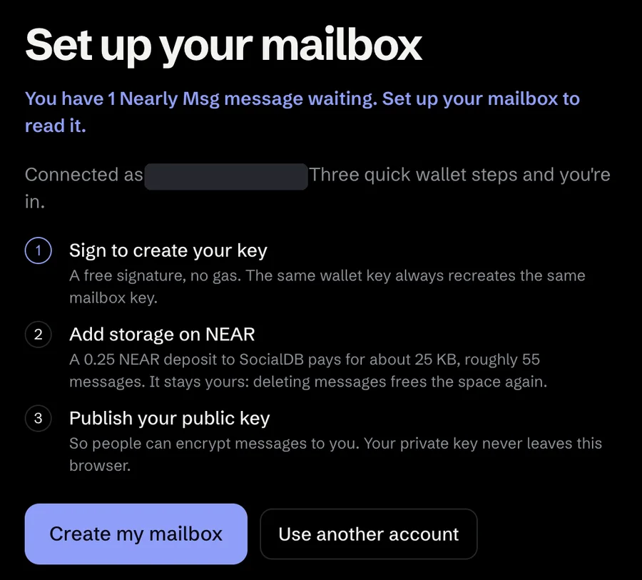 Setup screen saying: You have 1 Nearly Msg message waiting.